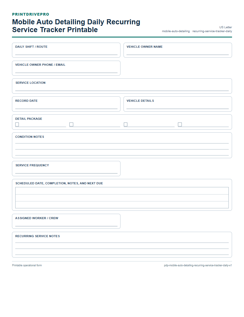 Mobile Auto Detailing Daily Recurring Service Tracker Printable preview