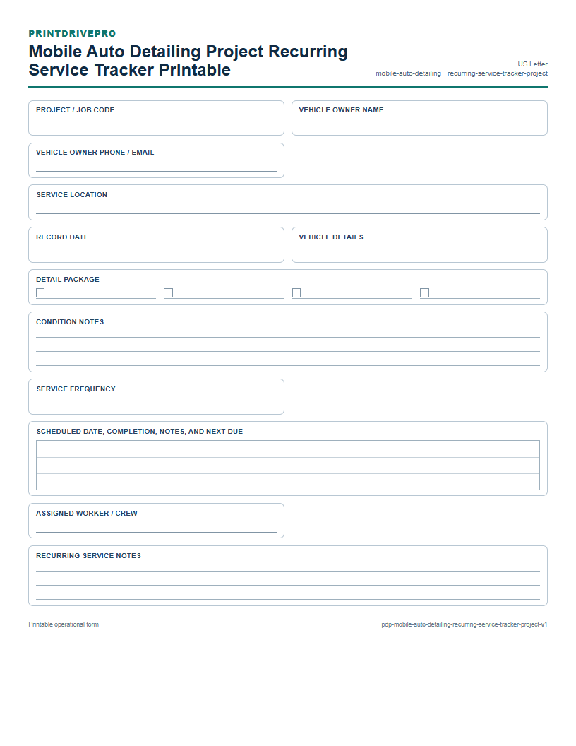 Mobile Auto Detailing Project Recurring Service Tracker Printable preview
