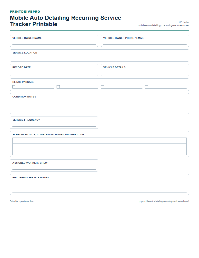 Mobile Auto Detailing Recurring Service Tracker Printable preview