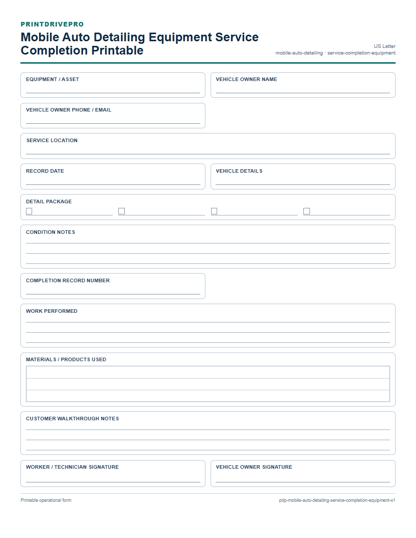 Mobile Auto Detailing Equipment Service Completion Printable preview