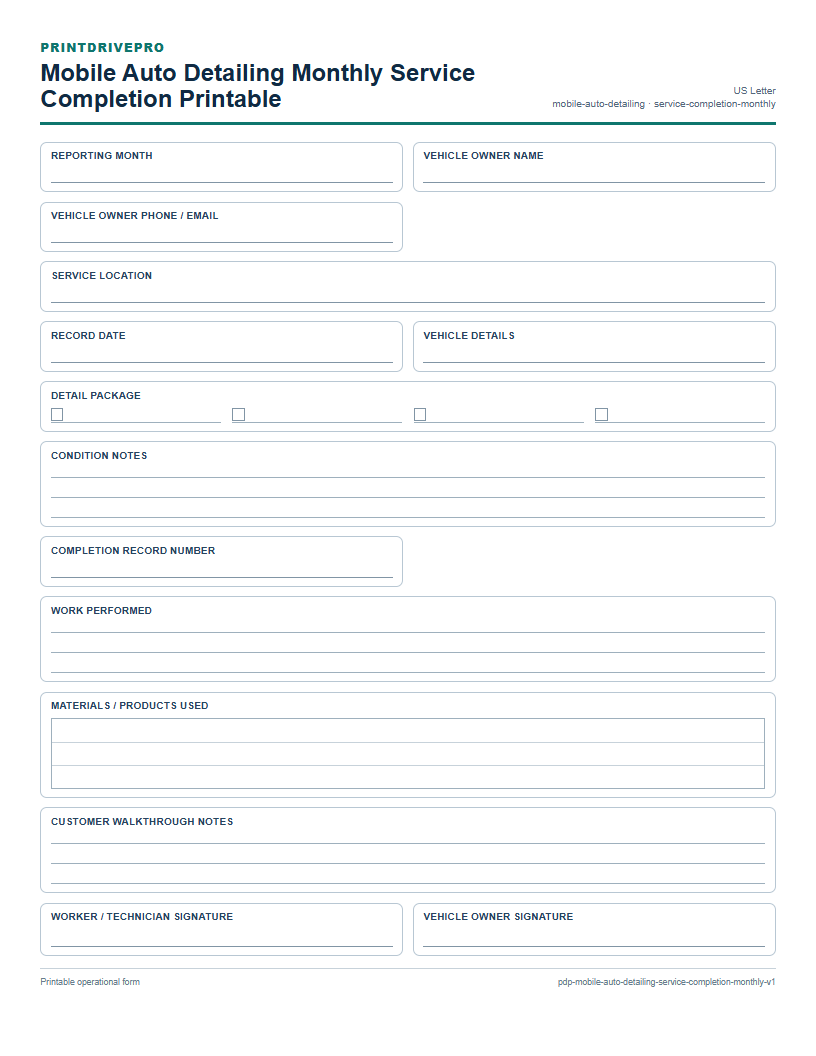 Mobile Auto Detailing Monthly Service Completion Printable preview