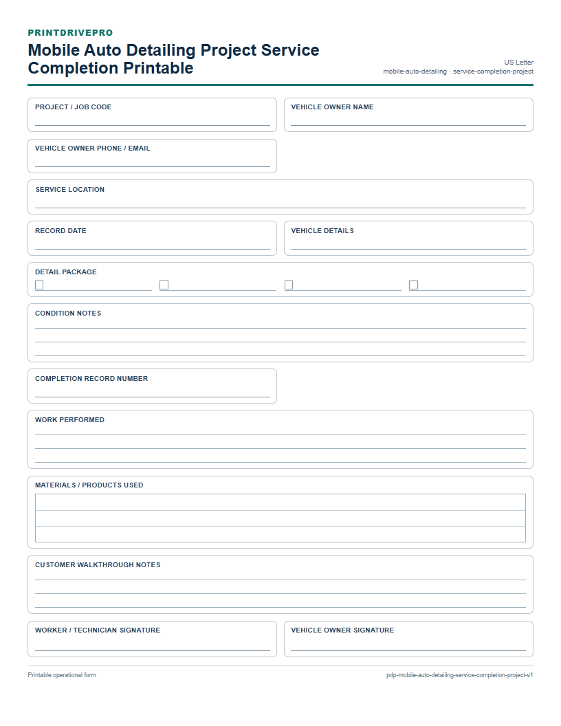 Mobile Auto Detailing Project Service Completion Printable preview
