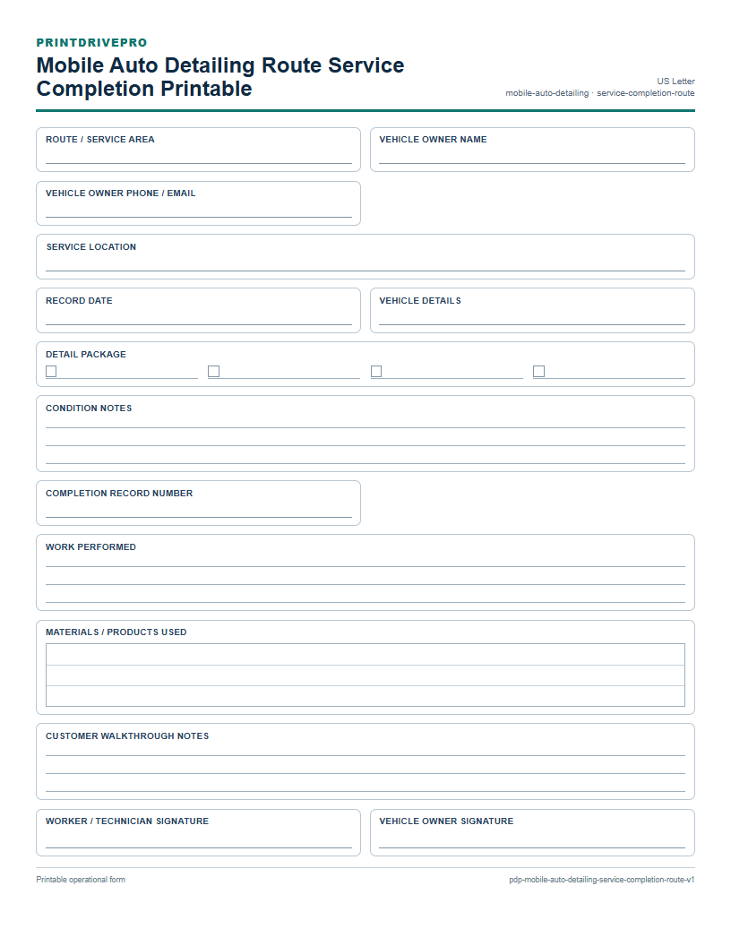Mobile Auto Detailing Route Service Completion Printable preview