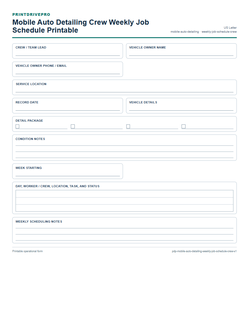 Mobile Auto Detailing Crew Weekly Job Schedule Printable preview