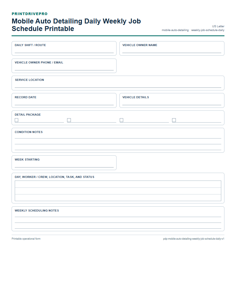 Mobile Auto Detailing Daily Weekly Job Schedule Printable preview