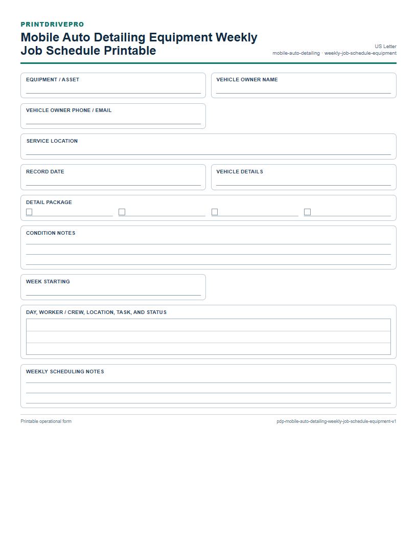 Mobile Auto Detailing Equipment Weekly Job Schedule Printable preview