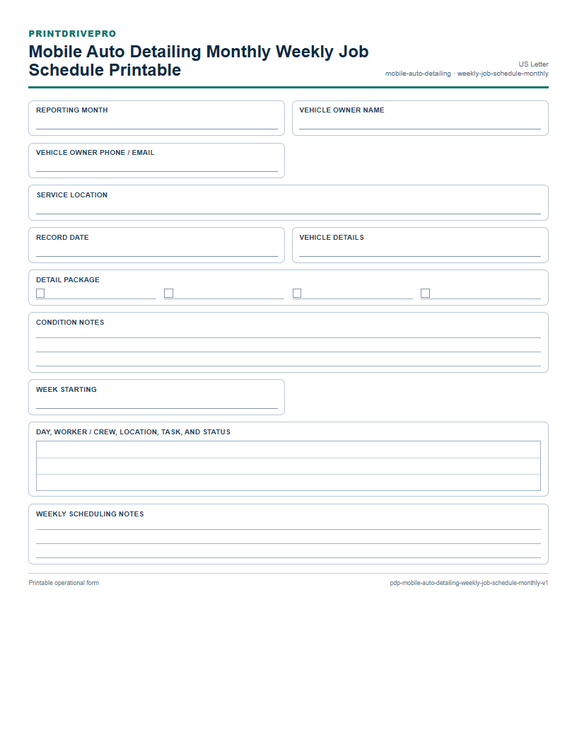 Mobile Auto Detailing Monthly Weekly Job Schedule Printable preview