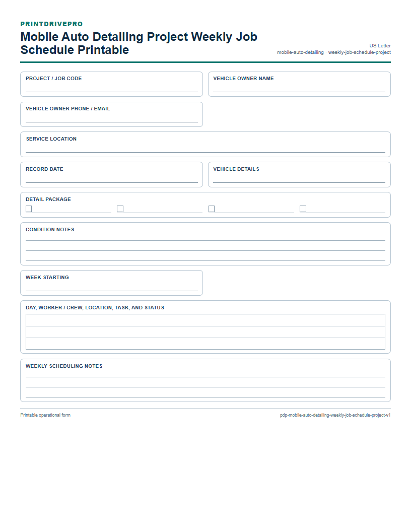 Mobile Auto Detailing Project Weekly Job Schedule Printable preview