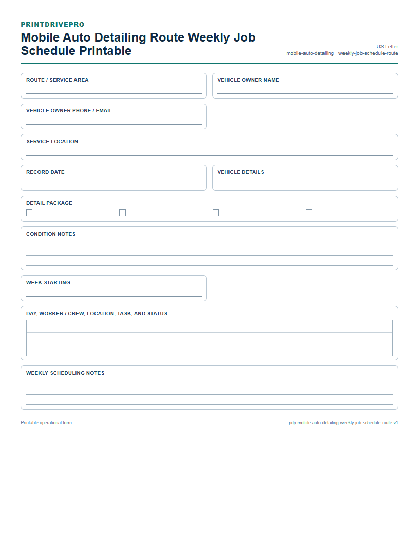 Mobile Auto Detailing Route Weekly Job Schedule Printable preview