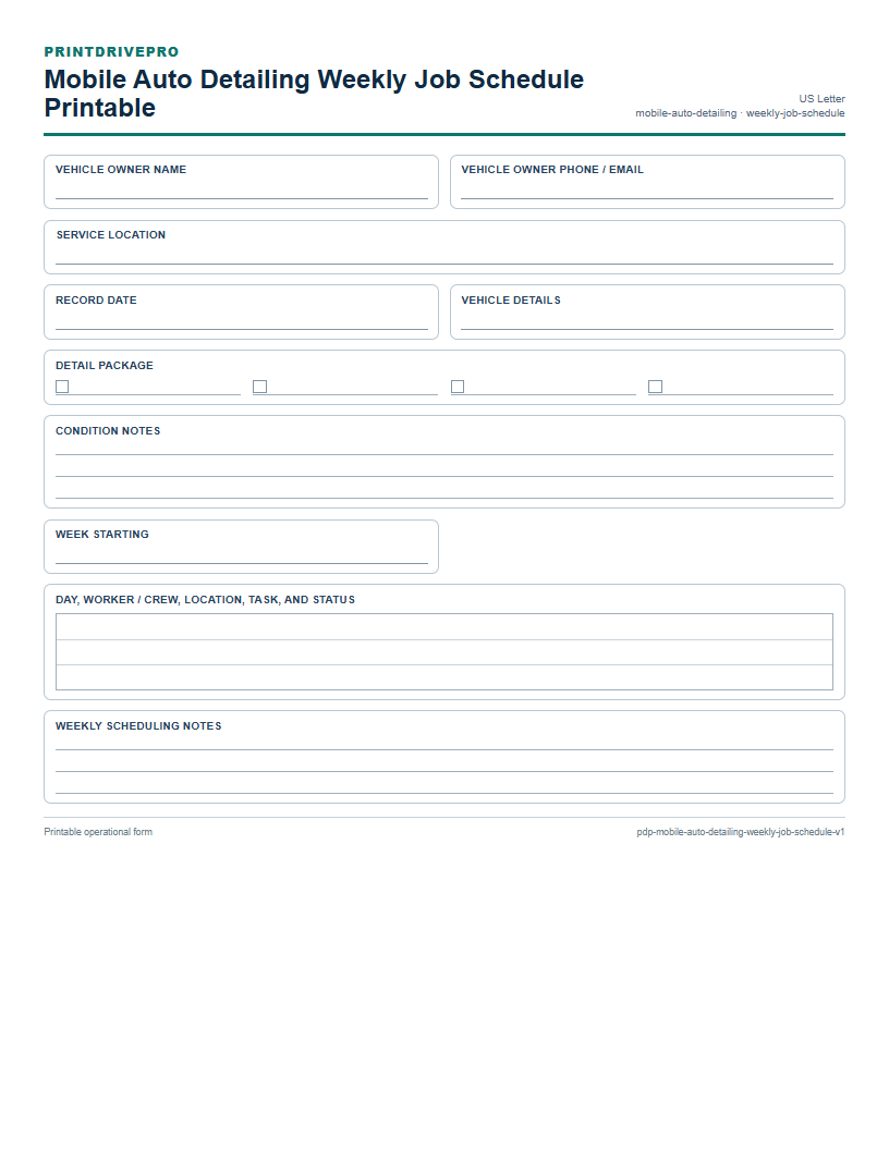 Mobile Auto Detailing Weekly Job Schedule Printable preview