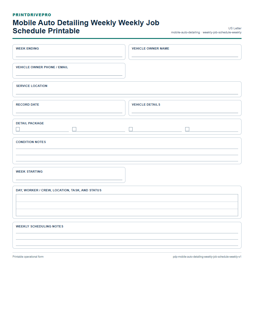 Mobile Auto Detailing Weekly Weekly Job Schedule Printable preview
