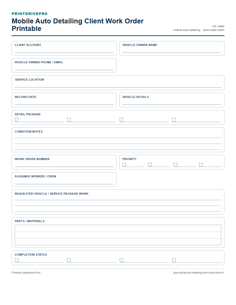 Mobile Auto Detailing Client Work Order Printable preview