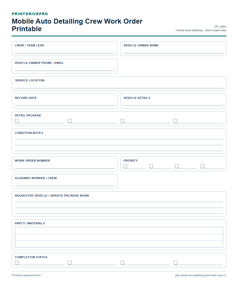 Mobile Auto Detailing Crew Work Order Printable preview