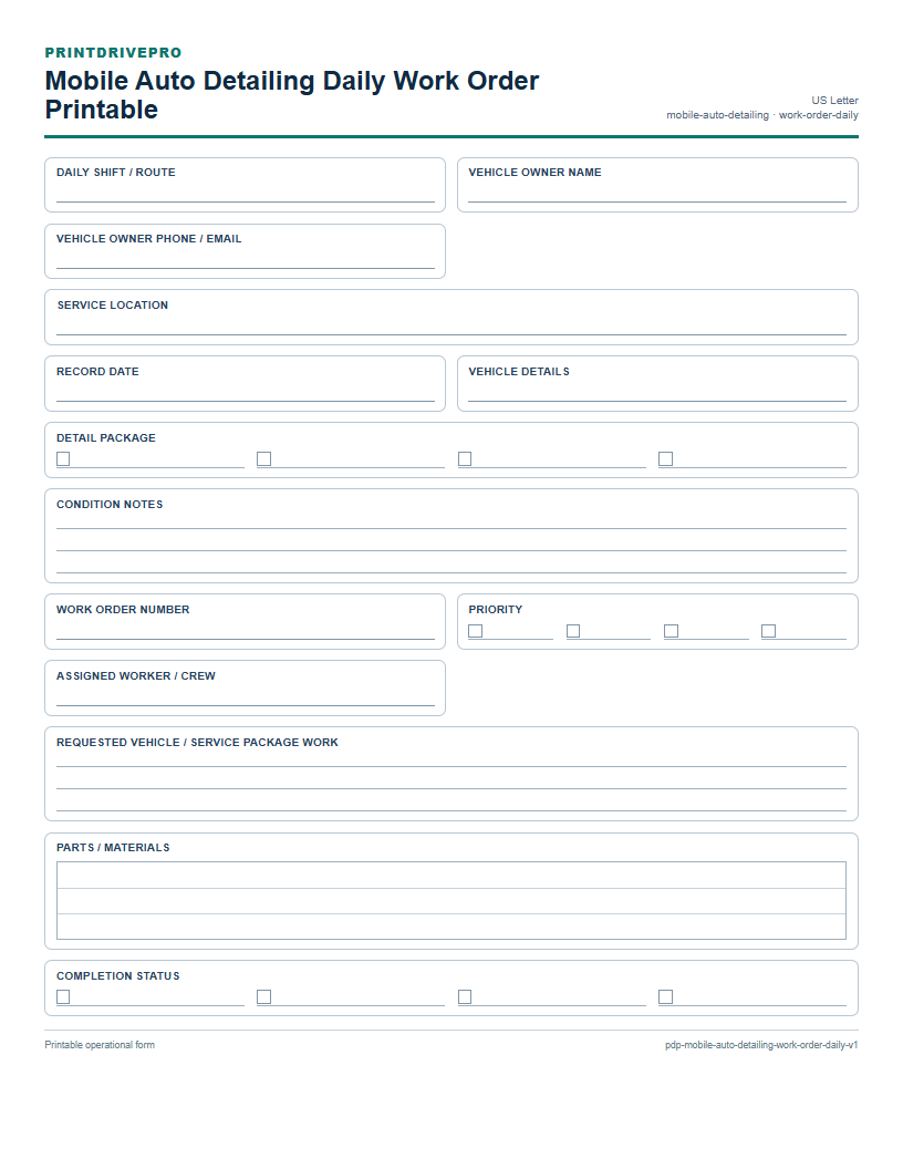 Mobile Auto Detailing Daily Work Order Printable preview