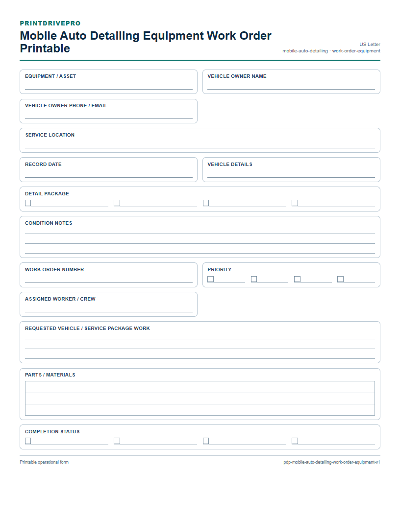 Mobile Auto Detailing Equipment Work Order Printable preview