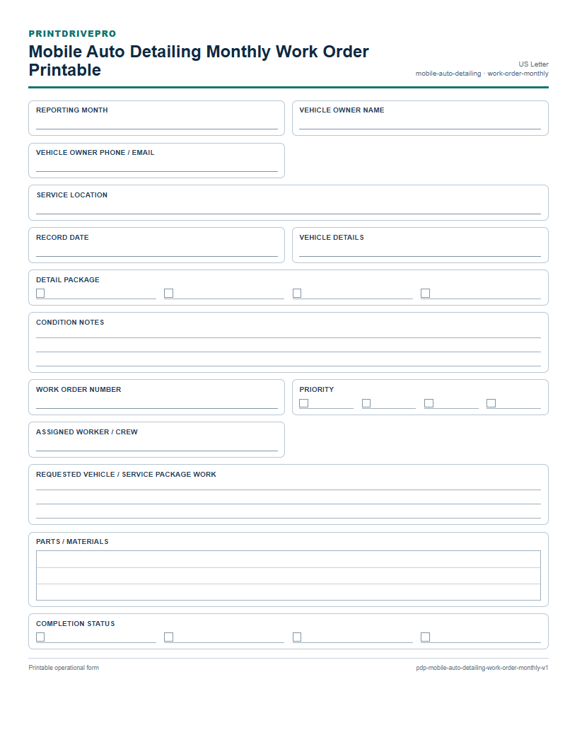 Mobile Auto Detailing Monthly Work Order Printable preview