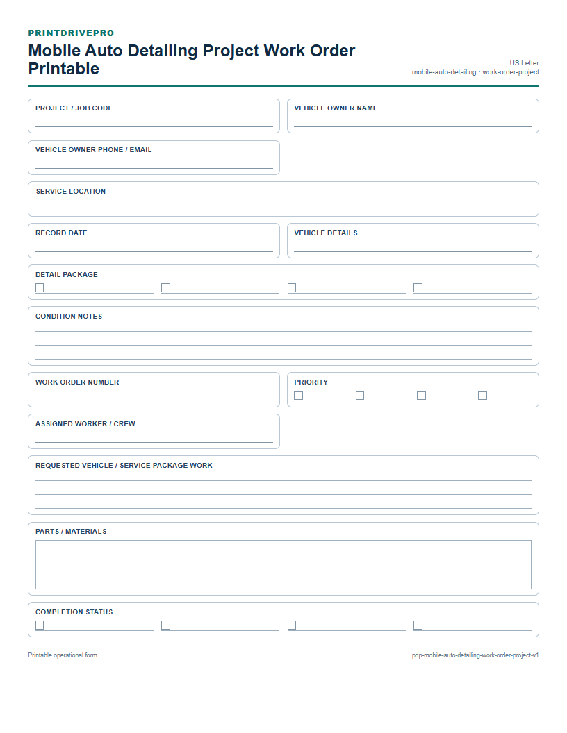 Mobile Auto Detailing Project Work Order Printable preview