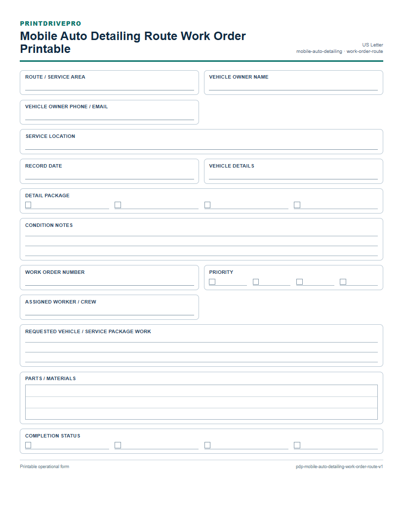 Mobile Auto Detailing Route Work Order Printable preview