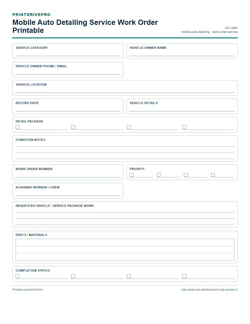 Mobile Auto Detailing Service Work Order Printable preview