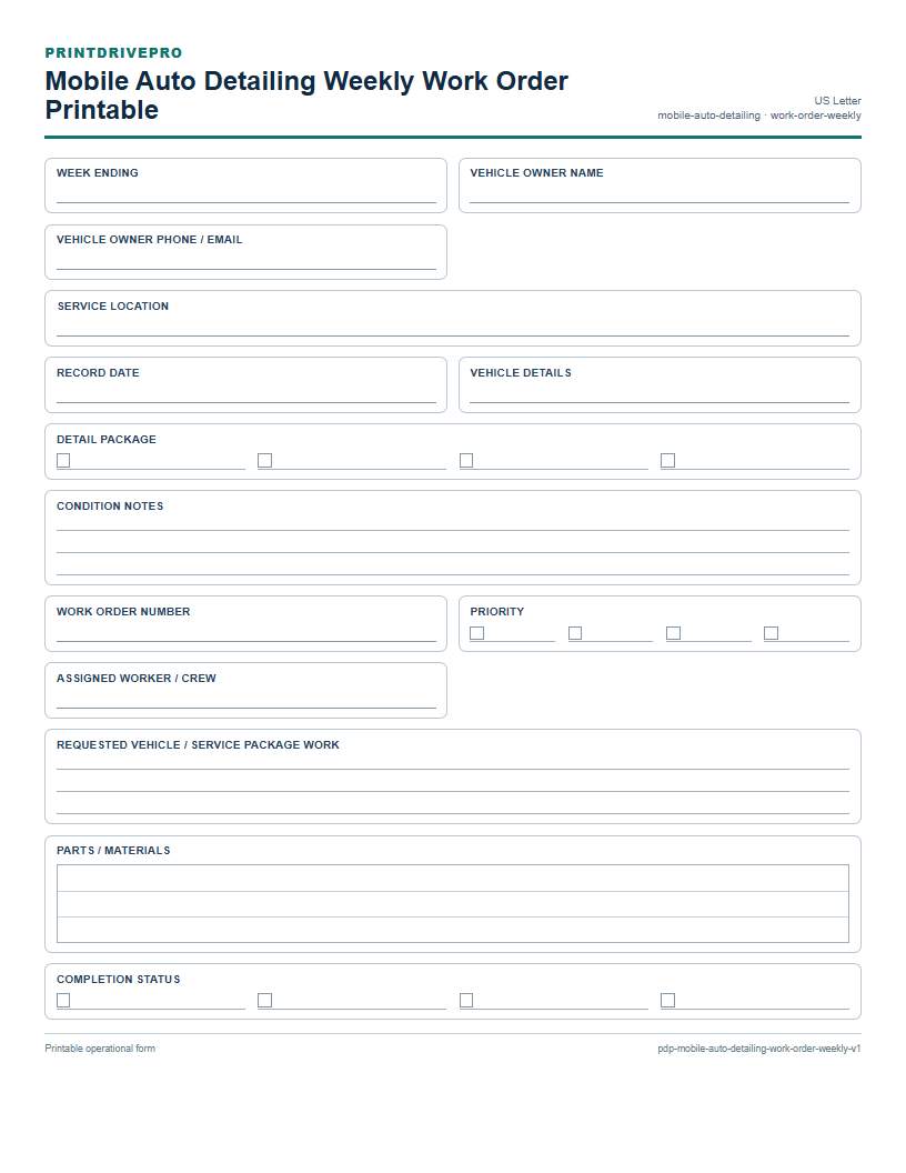 Mobile Auto Detailing Weekly Work Order Printable preview