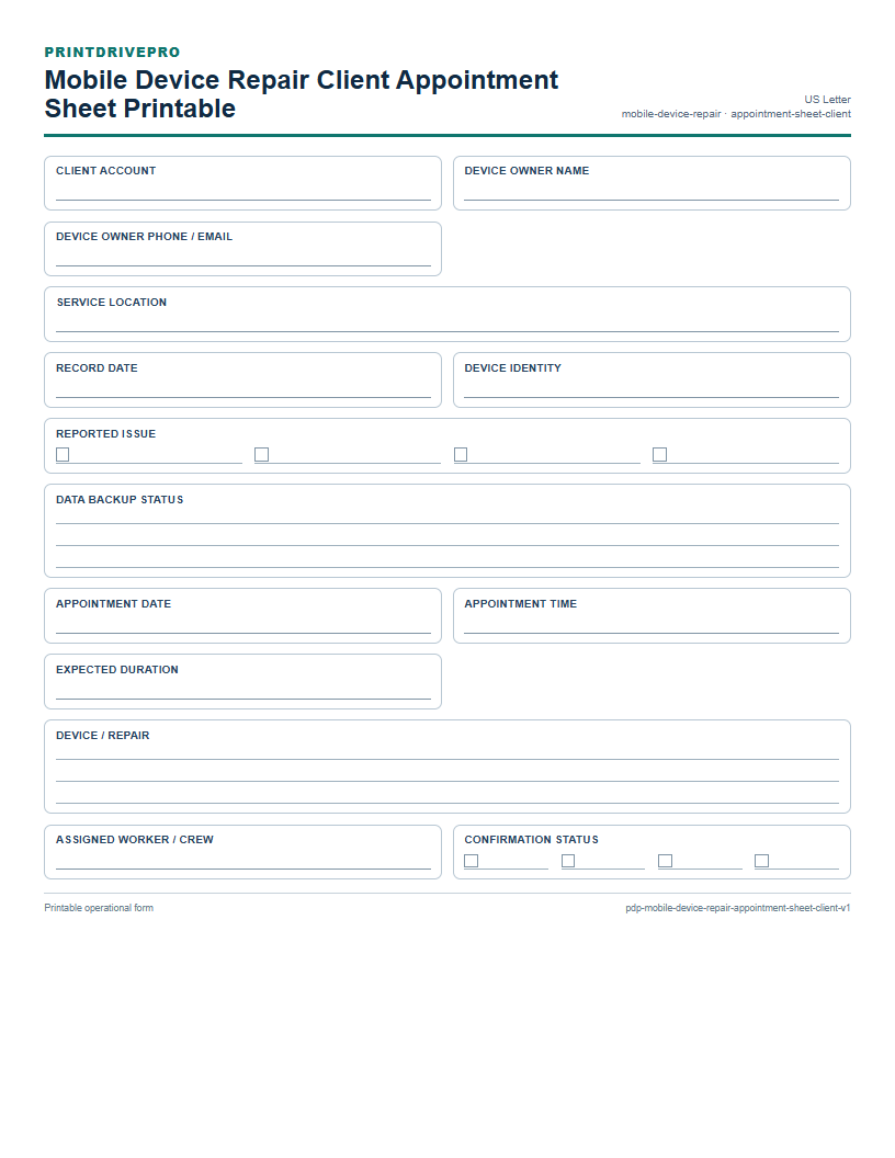 Mobile Device Repair Client Appointment Sheet Printable preview