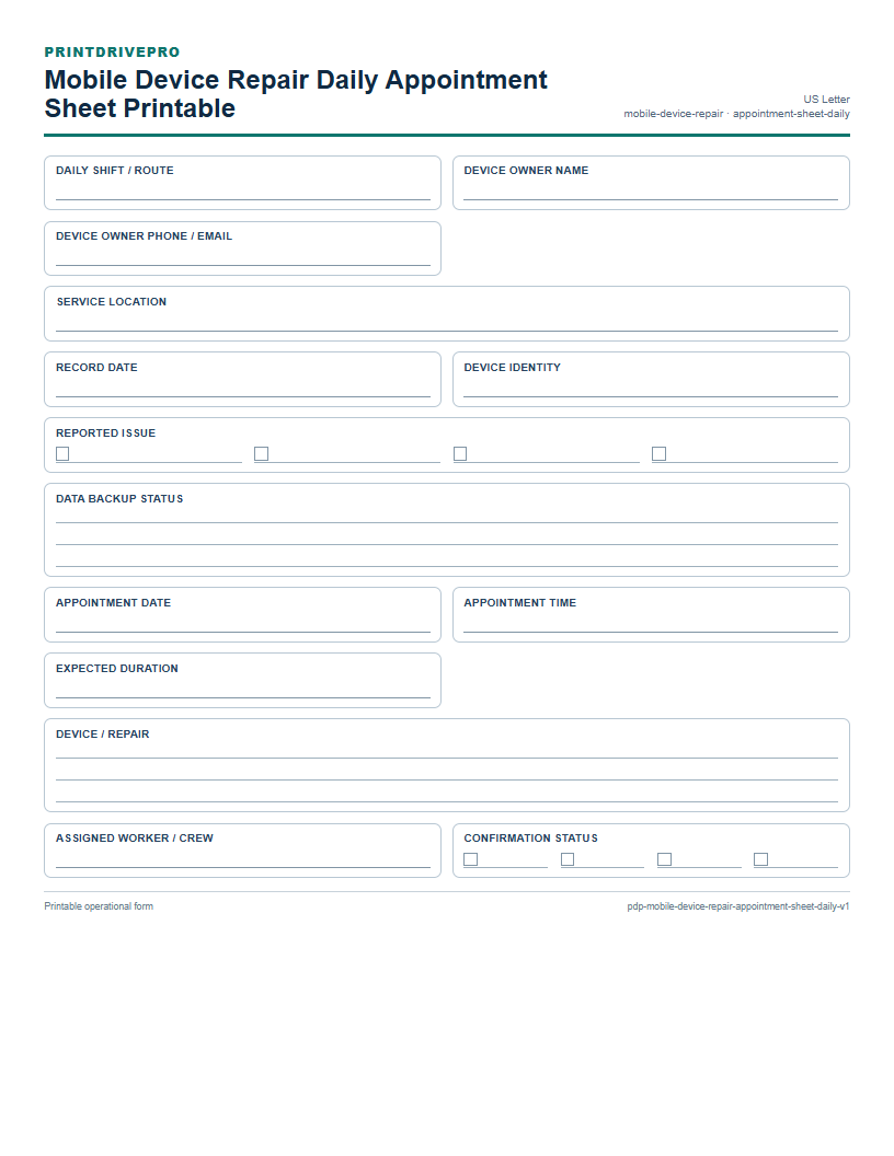 Mobile Device Repair Daily Appointment Sheet Printable preview