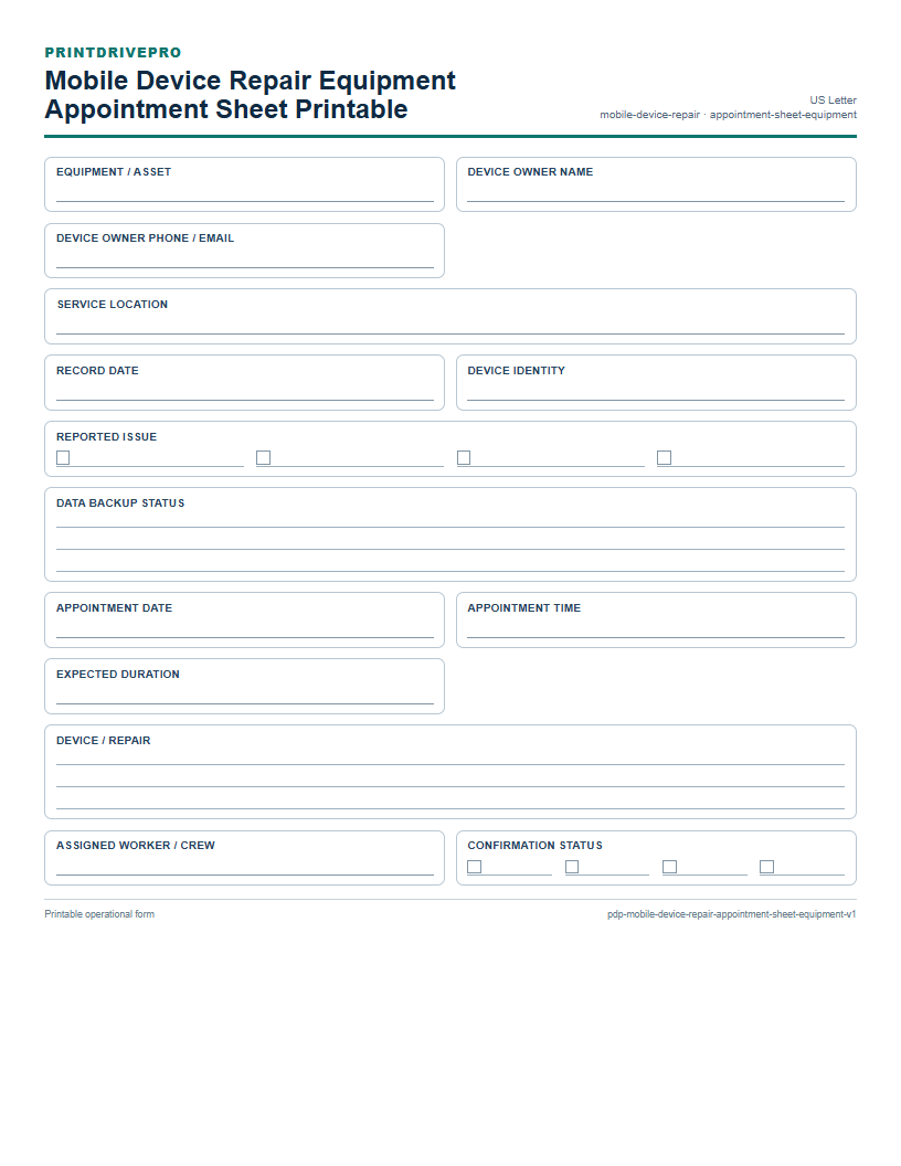 Mobile Device Repair Equipment Appointment Sheet Printable preview