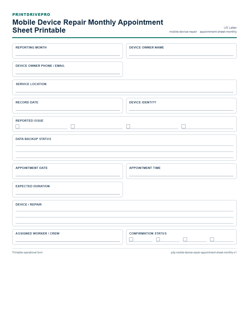 Mobile Device Repair Monthly Appointment Sheet Printable preview