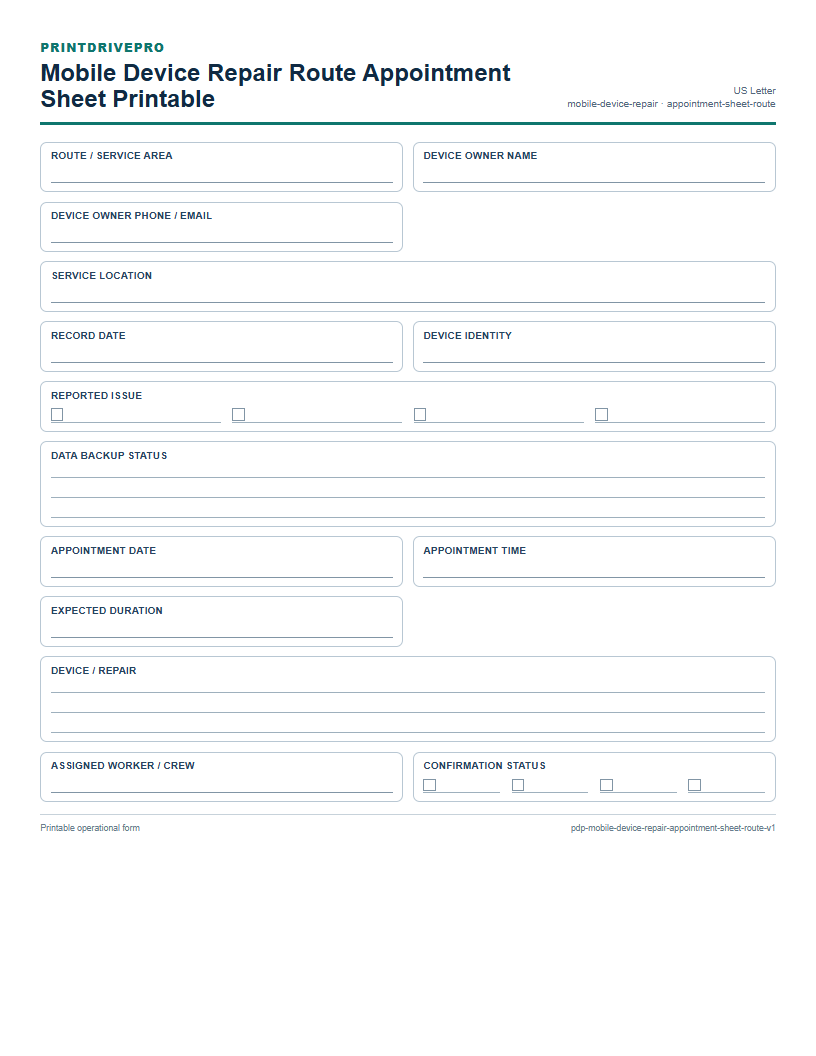 Mobile Device Repair Route Appointment Sheet Printable preview