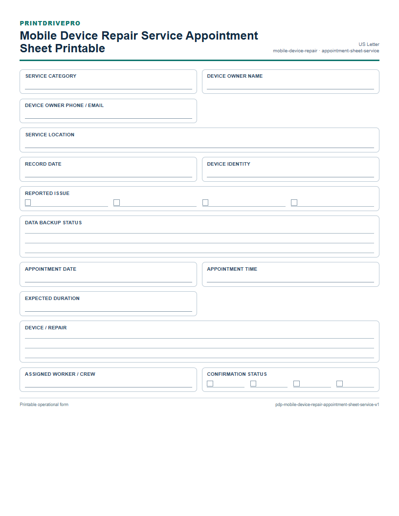 Mobile Device Repair Service Appointment Sheet Printable preview