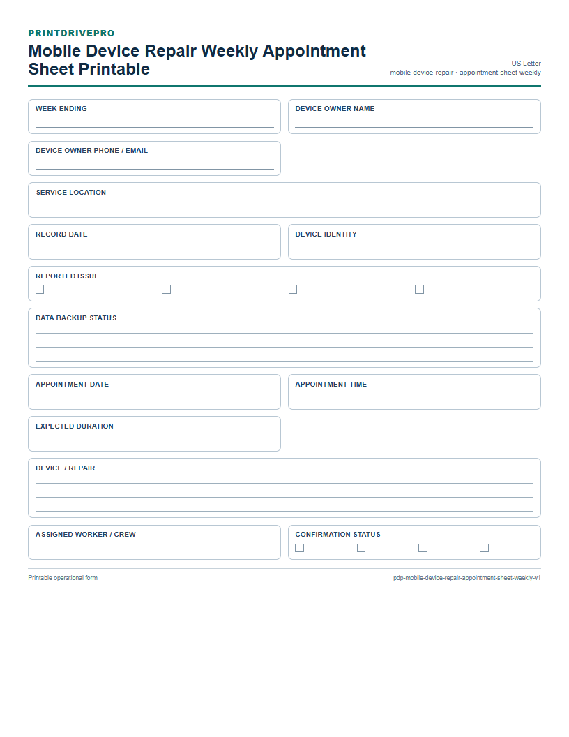 Mobile Device Repair Weekly Appointment Sheet Printable preview
