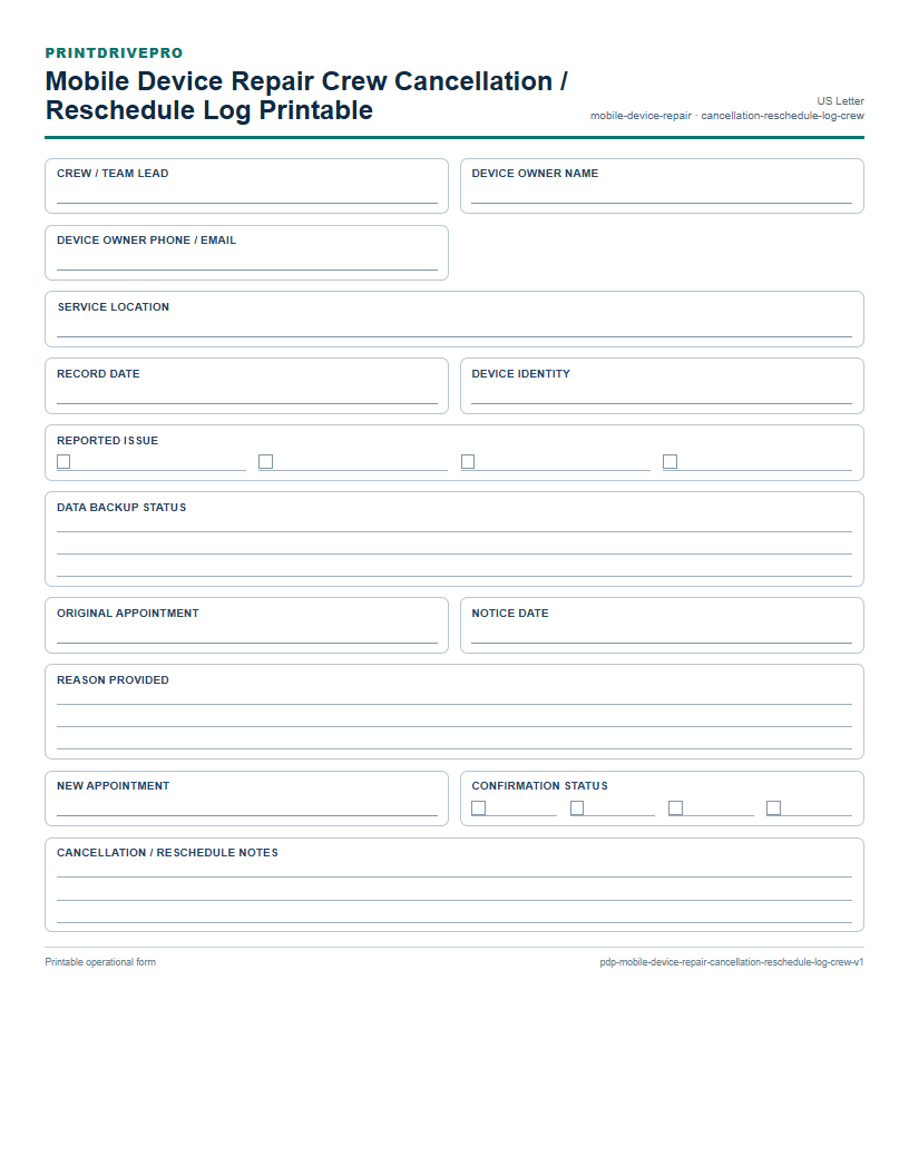Mobile Device Repair Crew Cancellation / Reschedule Log Printable preview