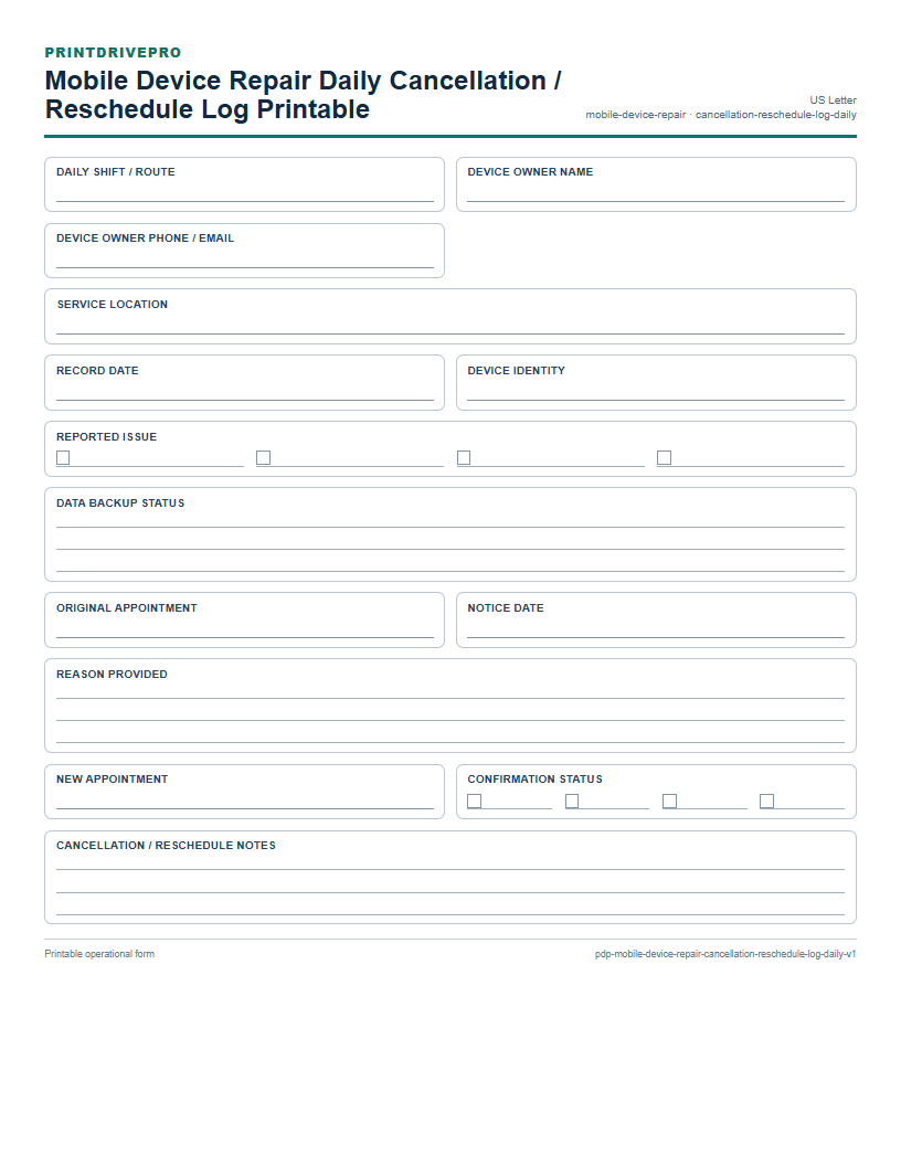 Mobile Device Repair Daily Cancellation / Reschedule Log Printable preview