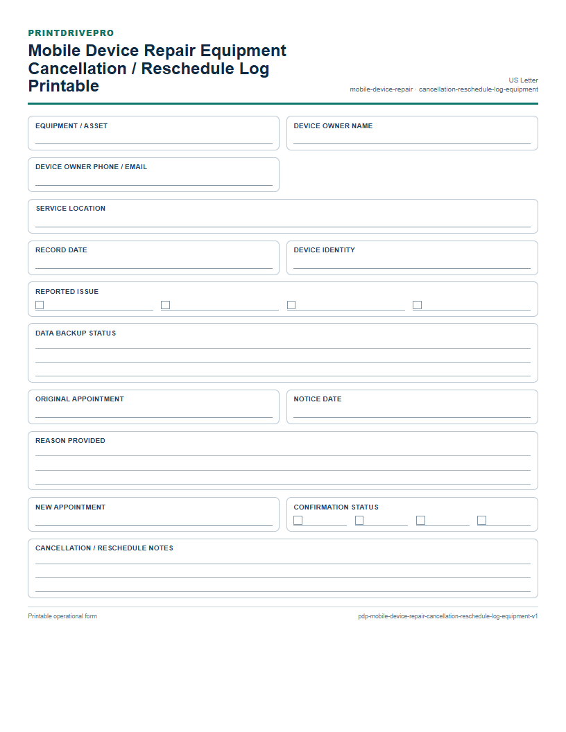 Mobile Device Repair Equipment Cancellation / Reschedule Log Printable preview