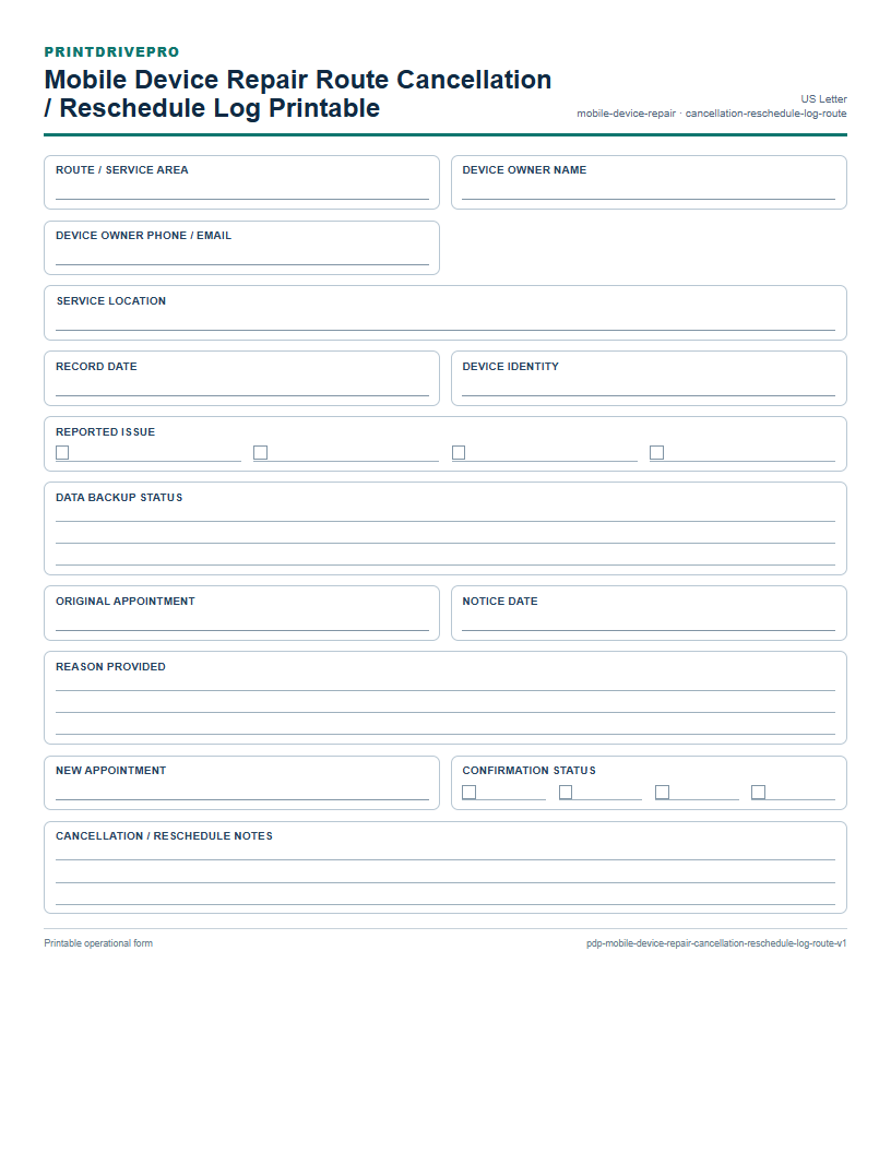 Mobile Device Repair Route Cancellation / Reschedule Log Printable preview