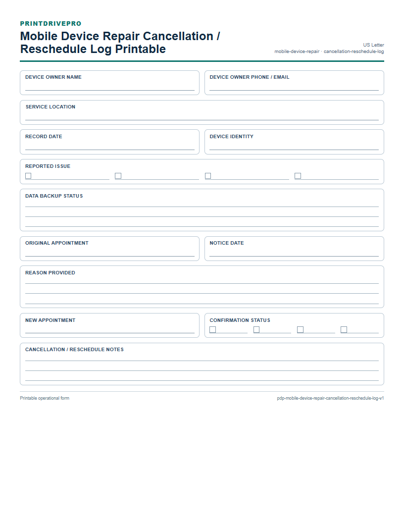 Mobile Device Repair Cancellation / Reschedule Log Printable preview
