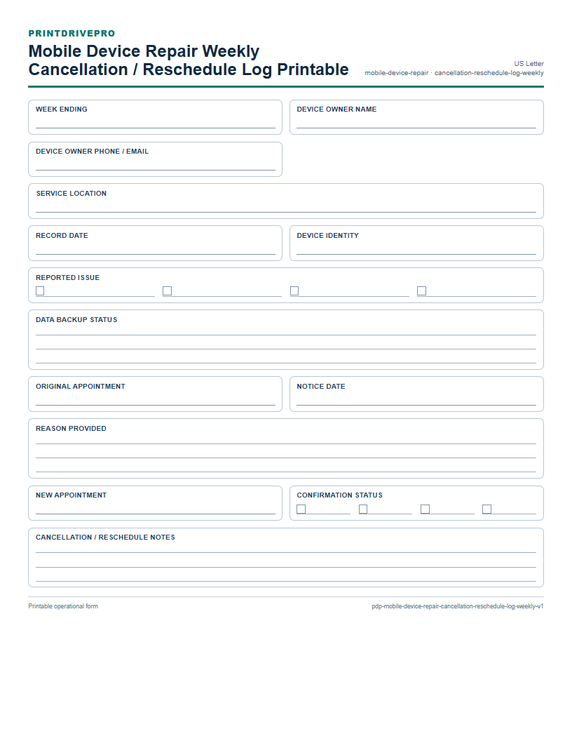Mobile Device Repair Weekly Cancellation / Reschedule Log Printable preview