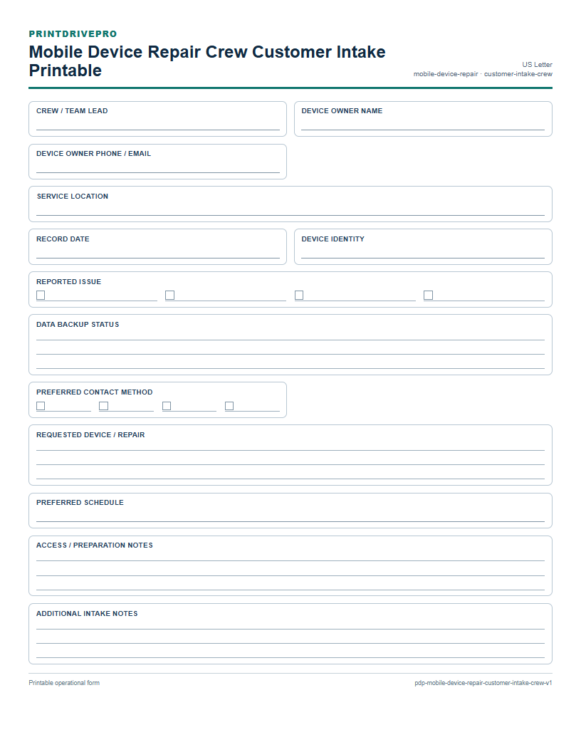 Mobile Device Repair Crew Customer Intake Printable preview