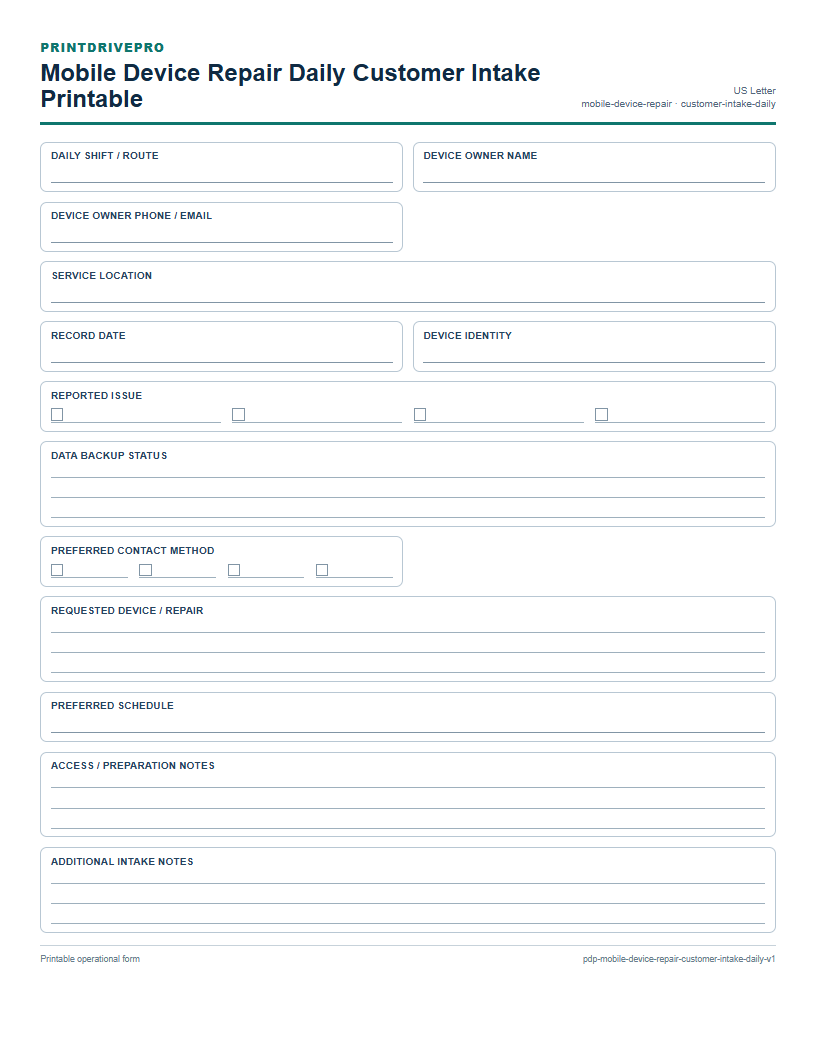 Mobile Device Repair Daily Customer Intake Printable preview