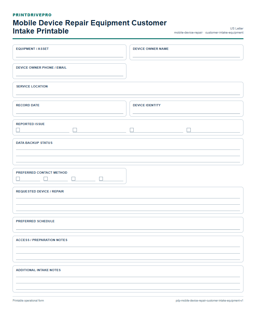 Mobile Device Repair Equipment Customer Intake Printable preview