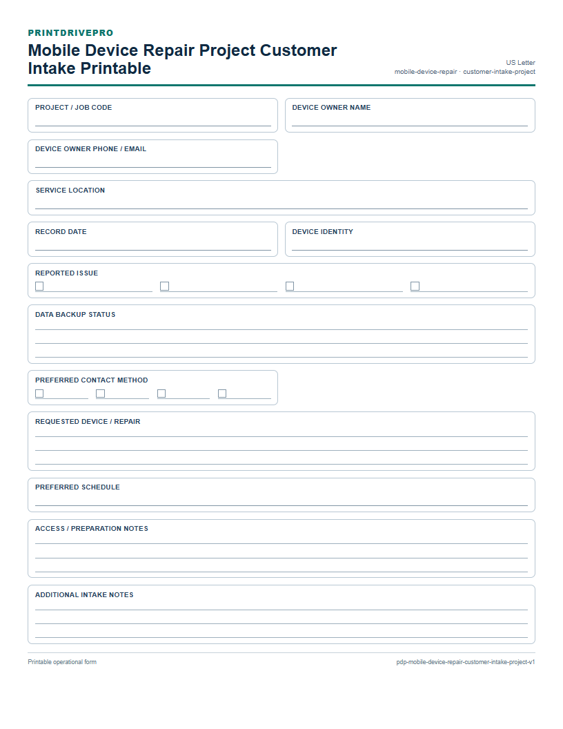 Mobile Device Repair Project Customer Intake Printable preview