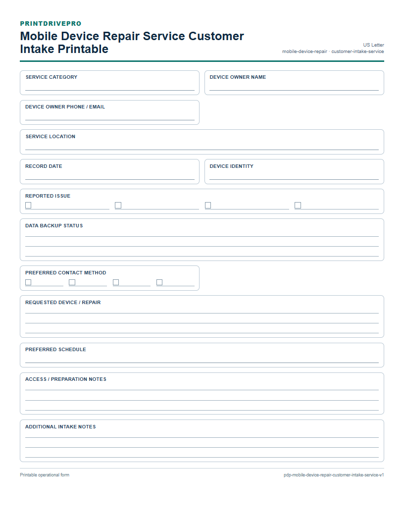Mobile Device Repair Service Customer Intake Printable preview