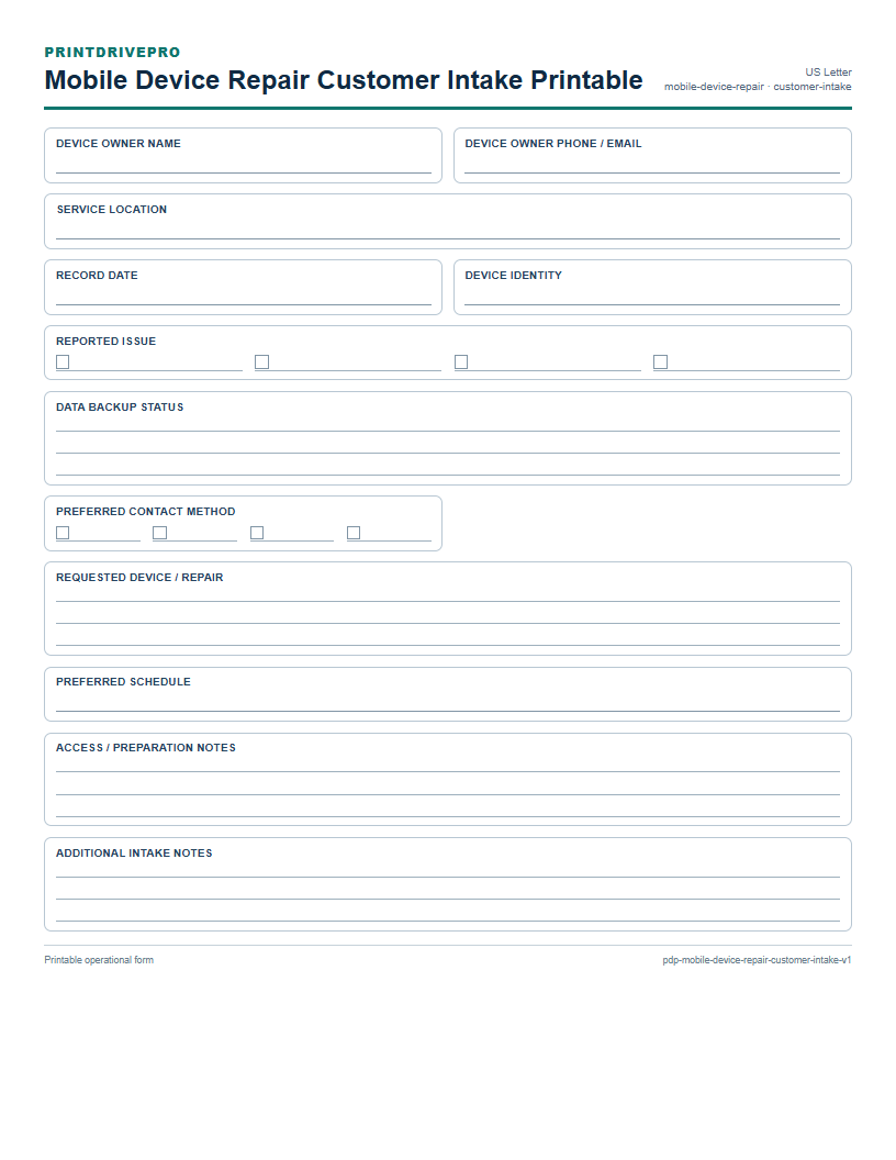 Mobile Device Repair Customer Intake Printable preview