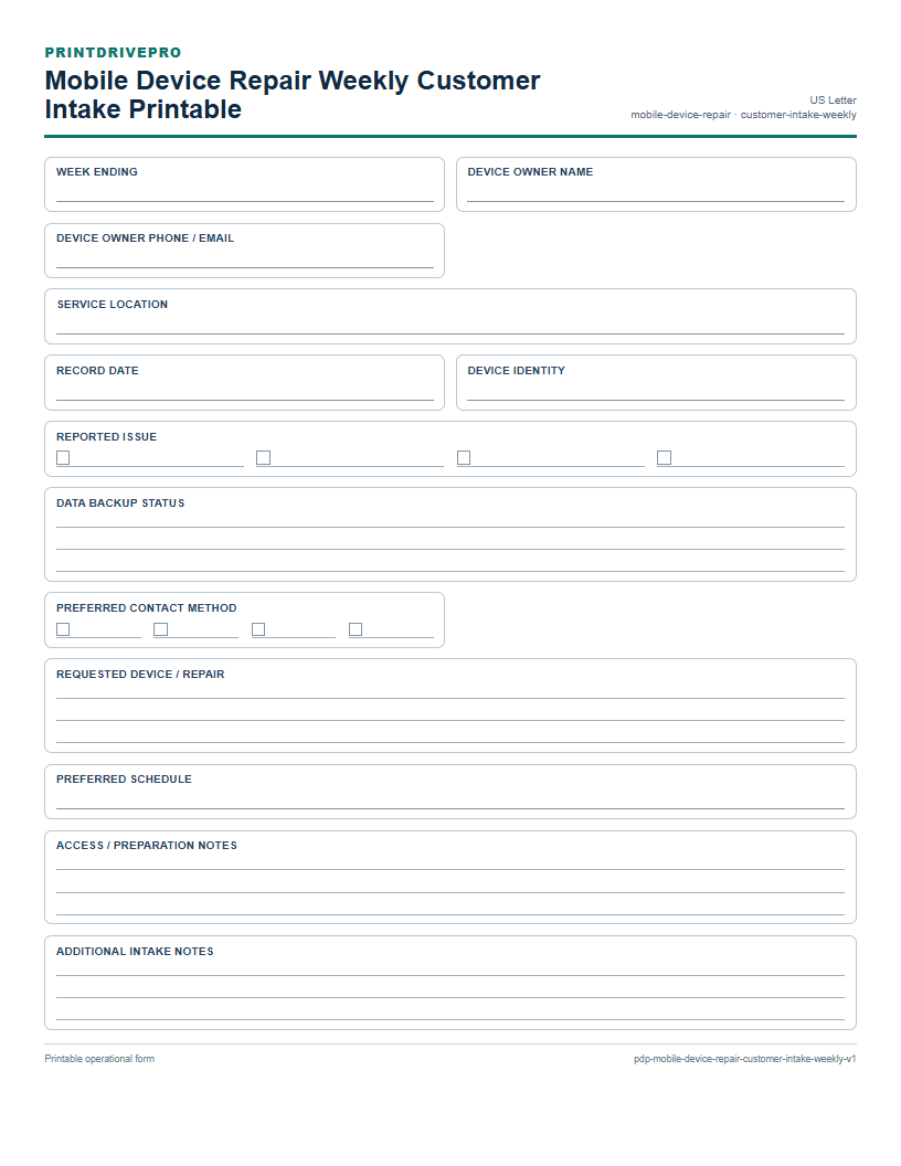 Mobile Device Repair Weekly Customer Intake Printable preview
