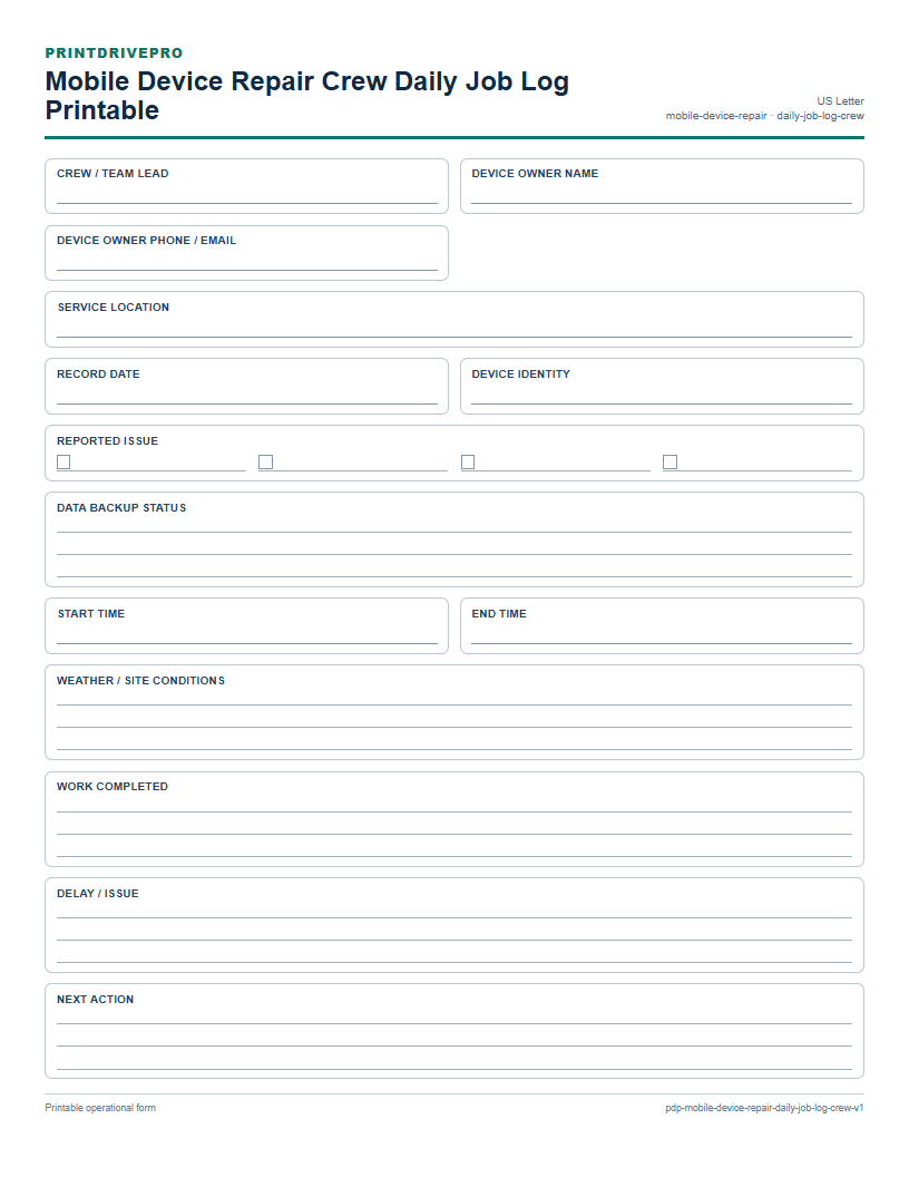 Mobile Device Repair Crew Daily Job Log Printable preview
