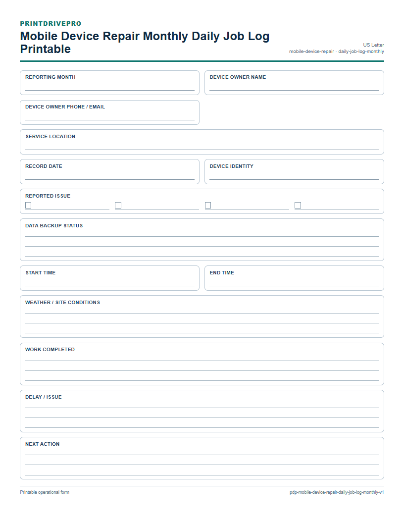 Mobile Device Repair Monthly Daily Job Log Printable preview