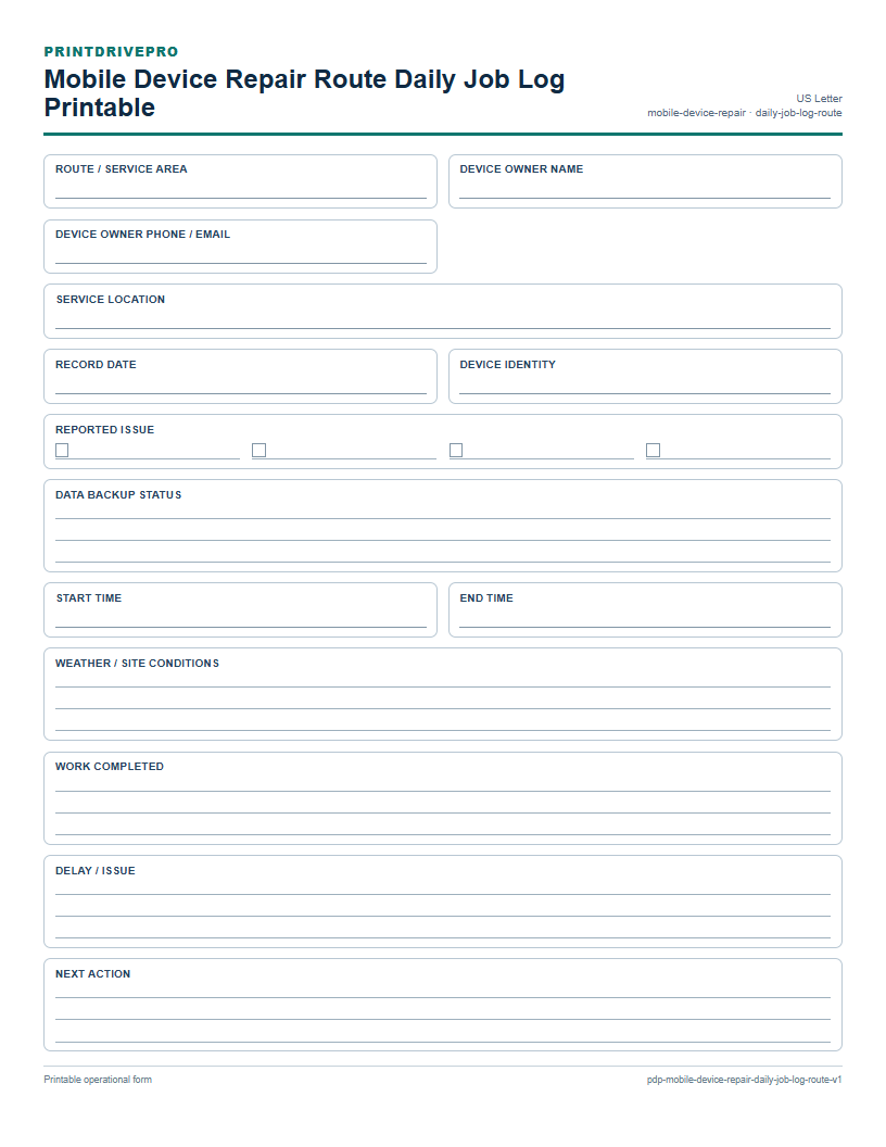 Mobile Device Repair Route Daily Job Log Printable preview