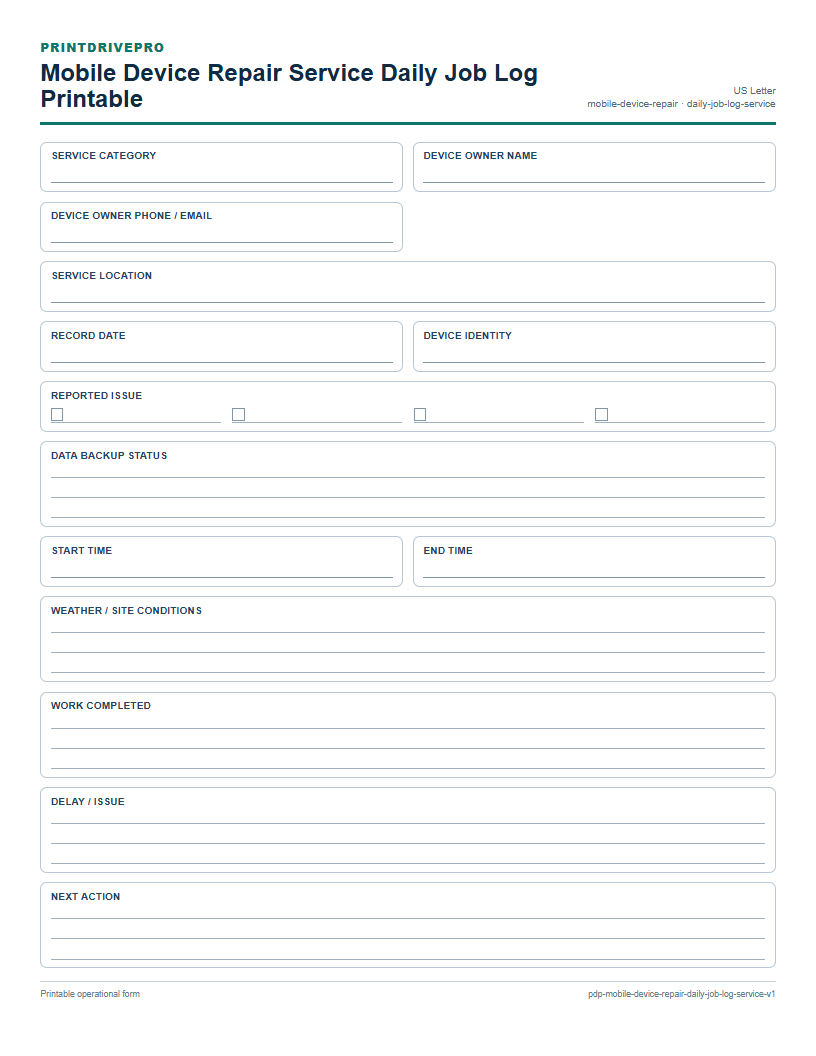 Mobile Device Repair Service Daily Job Log Printable preview