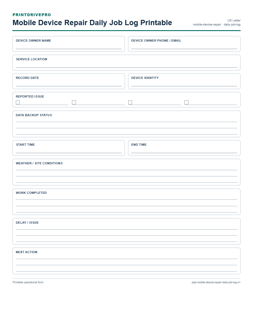 Mobile Device Repair Daily Job Log Printable preview