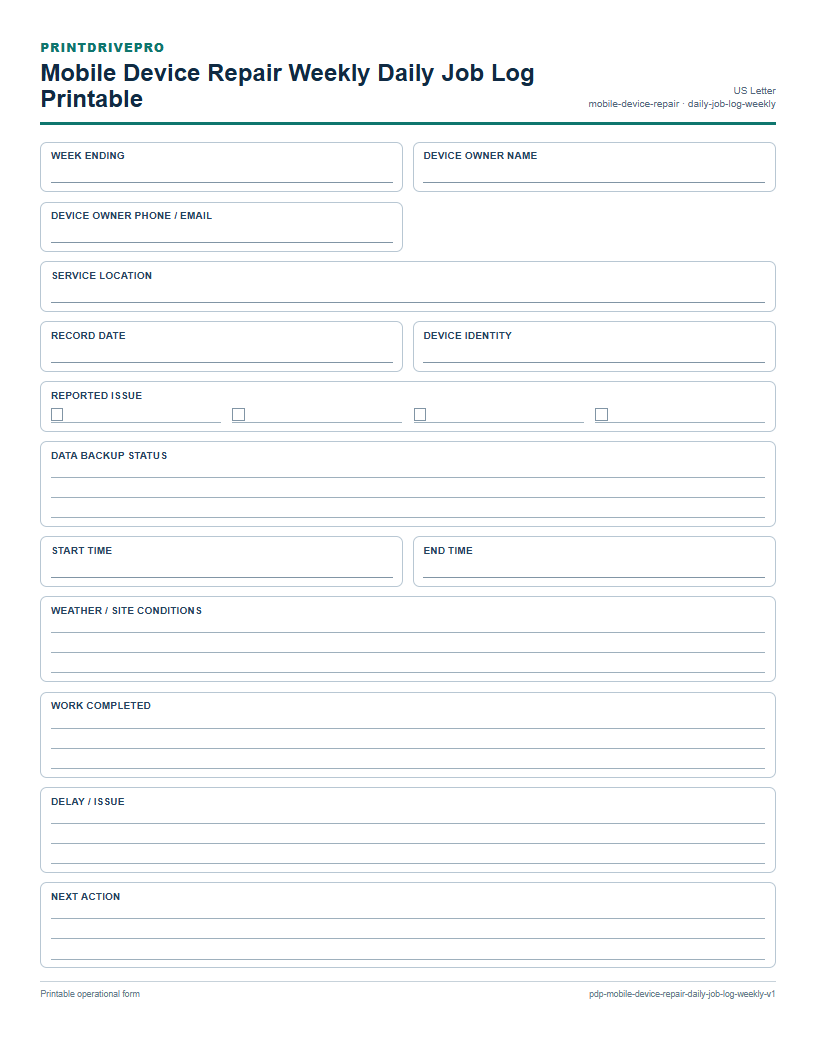 Mobile Device Repair Weekly Daily Job Log Printable preview